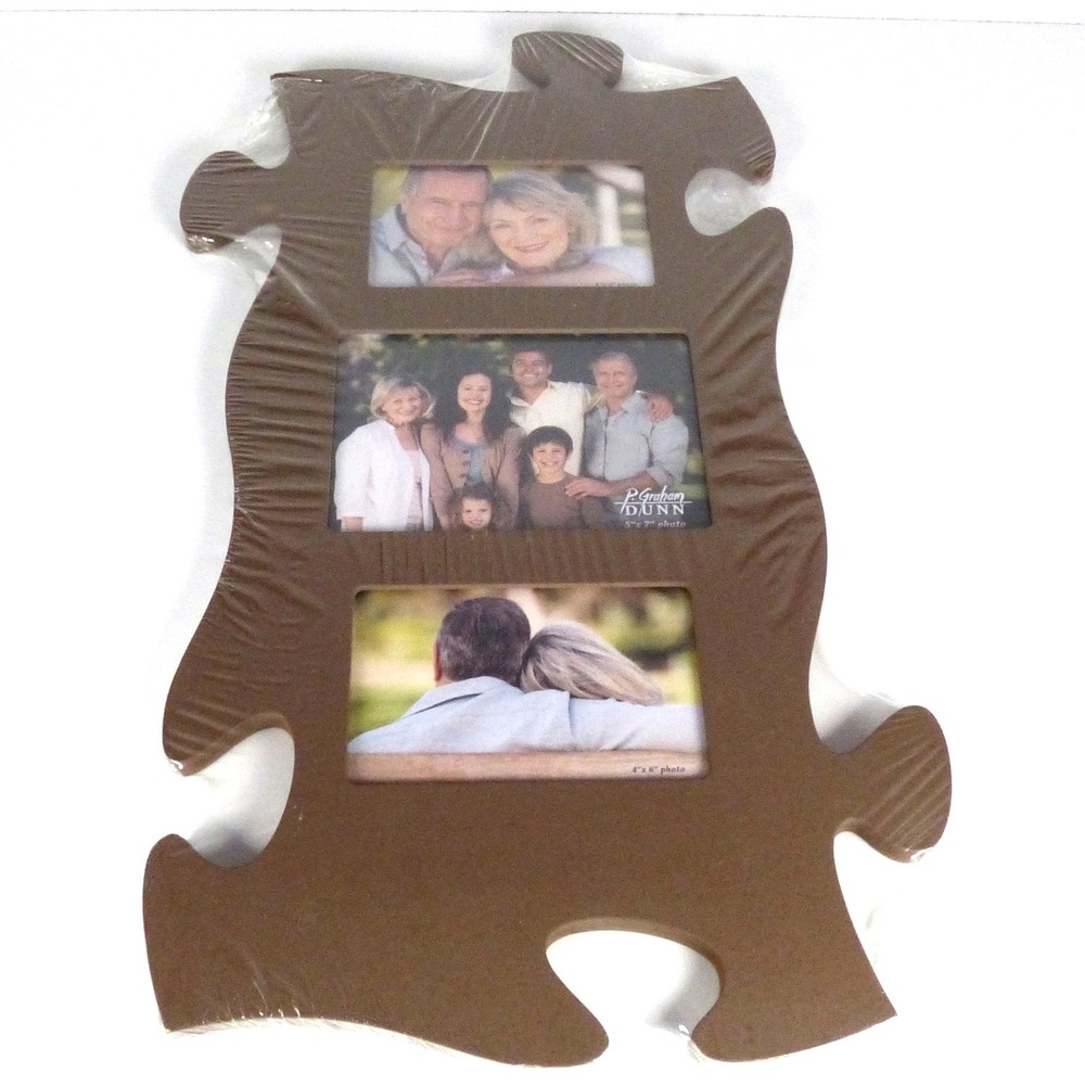Vintage 2014 P. Graham Dunn Puzzle Piece Photo Frame Brown 3 Photos NOS Read